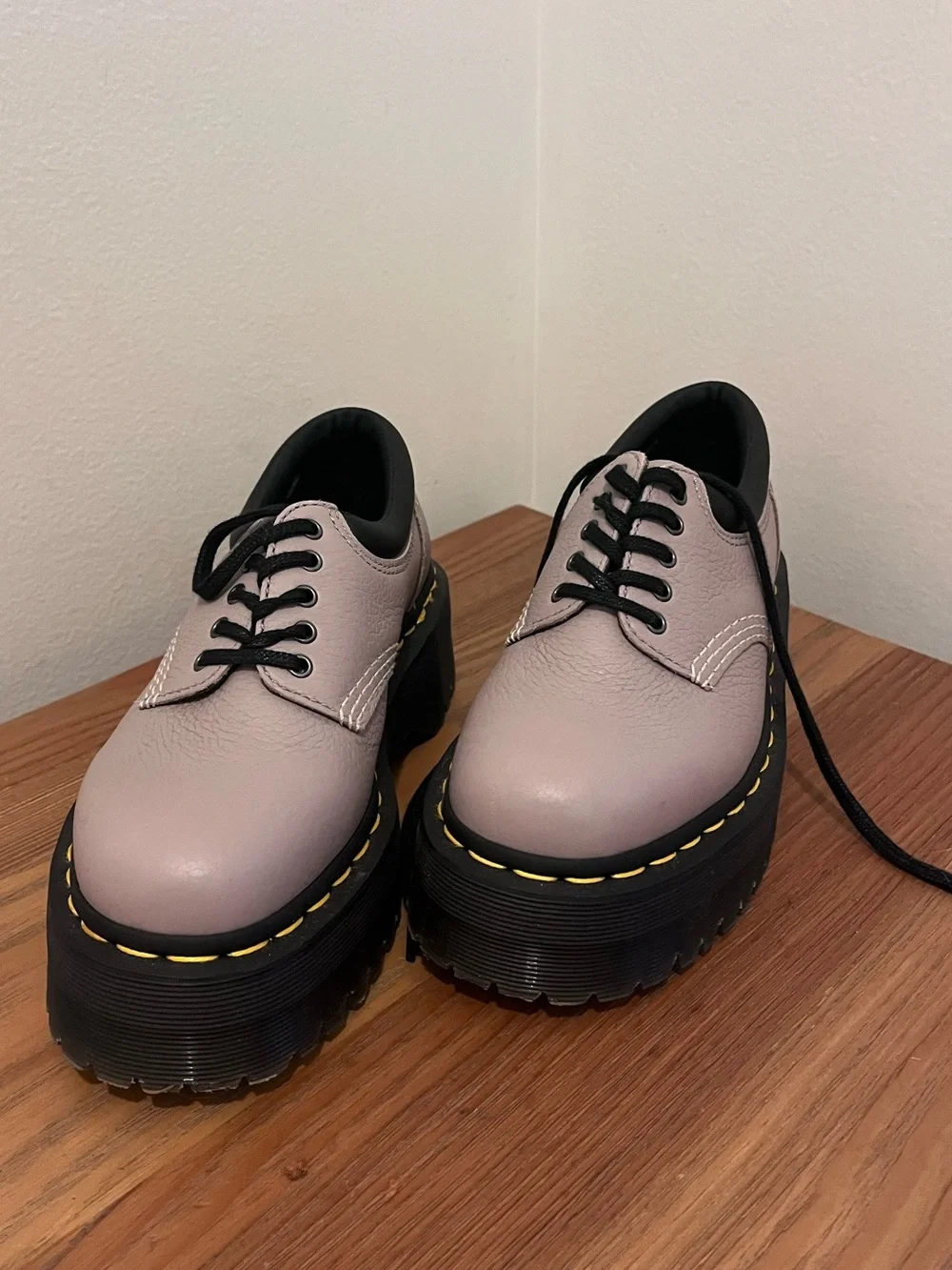 Platform Doc Martens in Light Purple with Black Sole & Gold Contrast Stitching